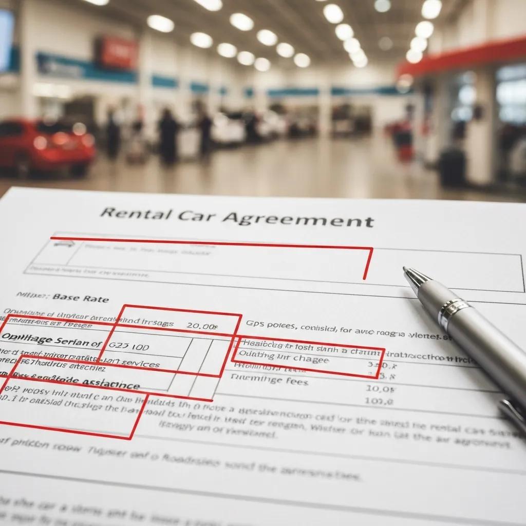 Close-up of a rental car agreement highlighting common fees at LAX