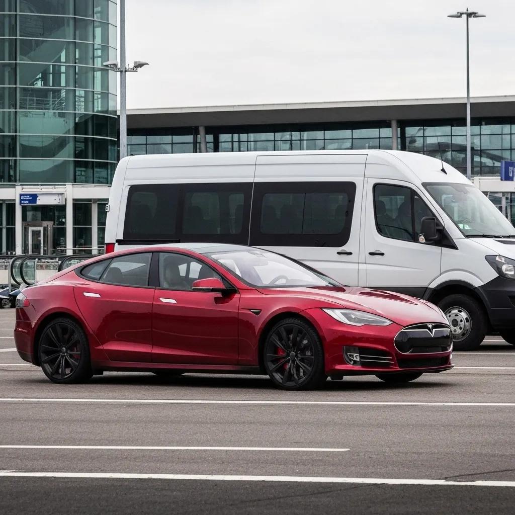A visual comparison between a sleek luxury private car and a standard shared shuttle van at the airport, illustrating distinct transportation choices