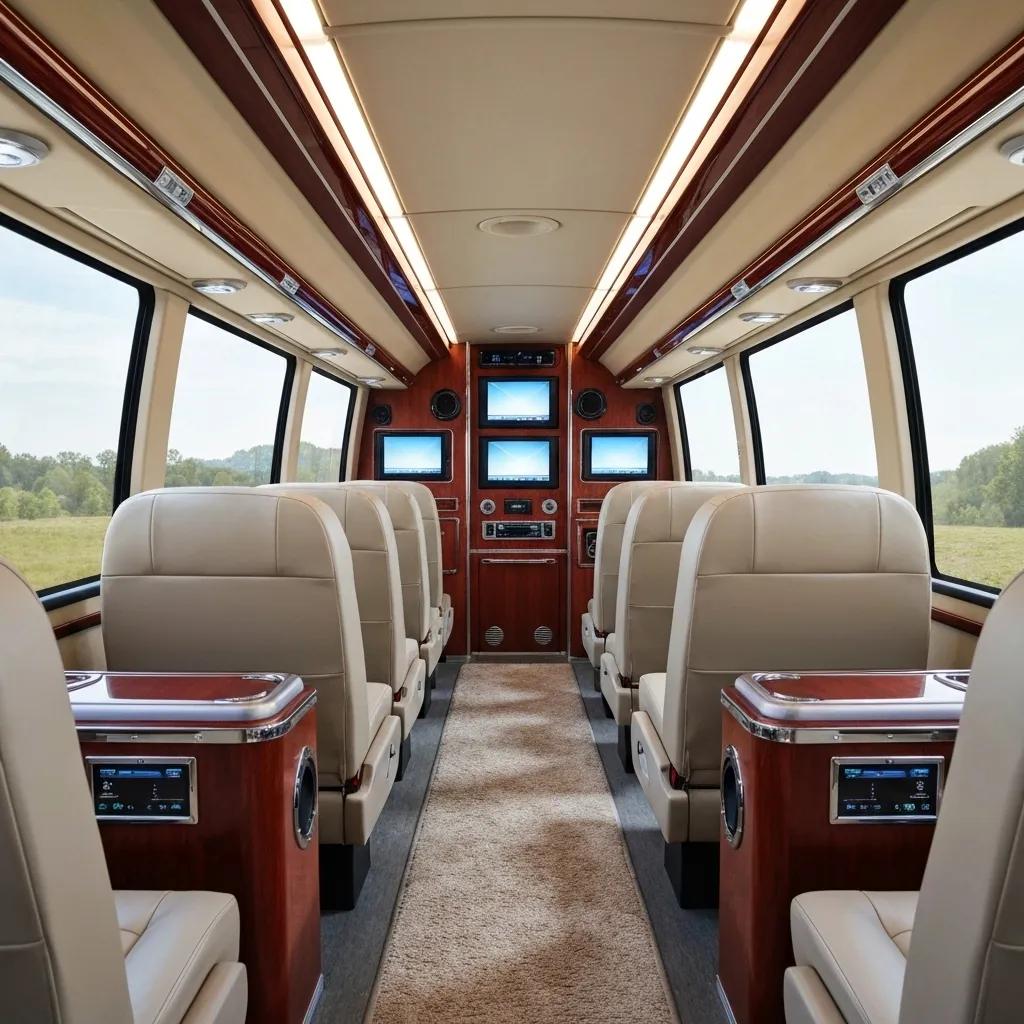 The meticulously designed interior of a luxury shuttle, showcasing plush seating, ambient lighting, and premium amenities