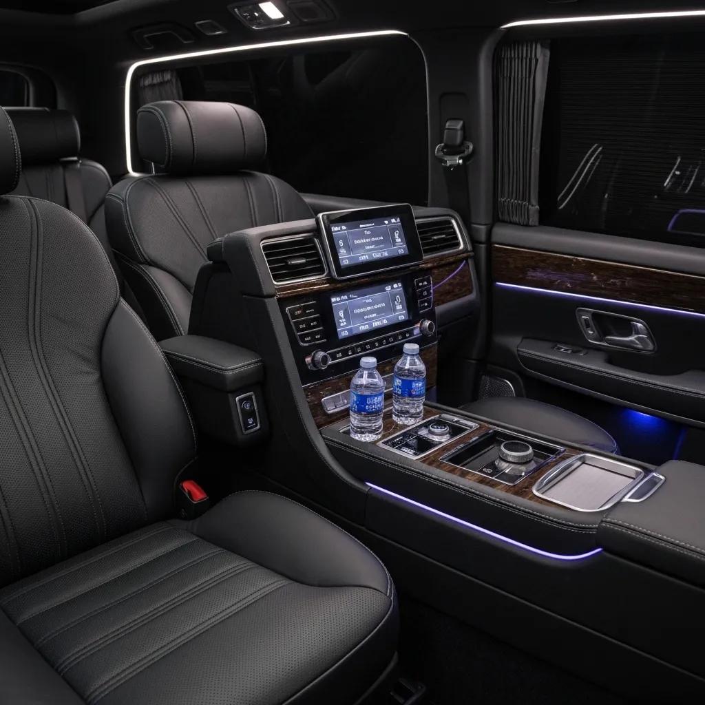 Interior of a luxury vehicle featuring plush leather seats and premium amenities for an elevated airport transfer experience