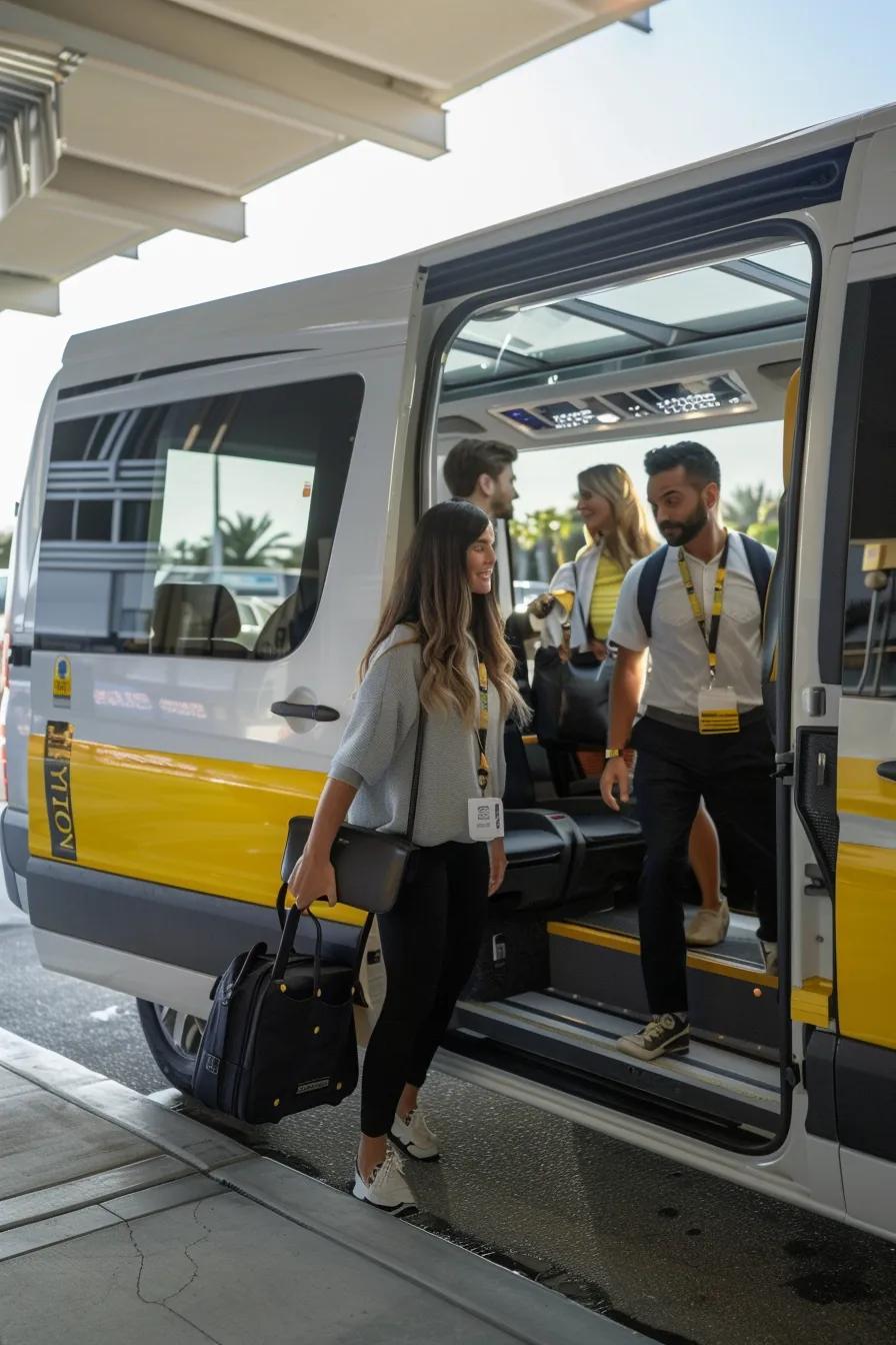 Passengers boarding a branded airport shuttle, highlighting features of Plush Transportation's LAX service