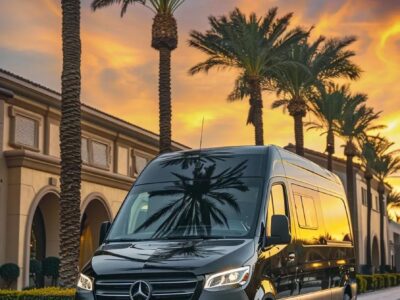 An elegant Mercedes Sprinter executive shuttle positioned flawlessly outside a corporate event venue, showcasing our premier group shuttle service capabilities