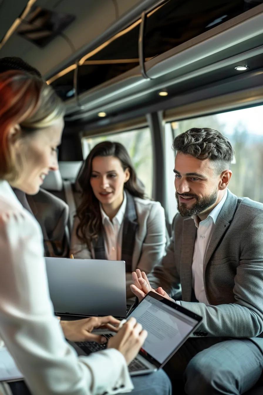 A professional group discussing luxury bus rental options with a detailed checklist and laptop