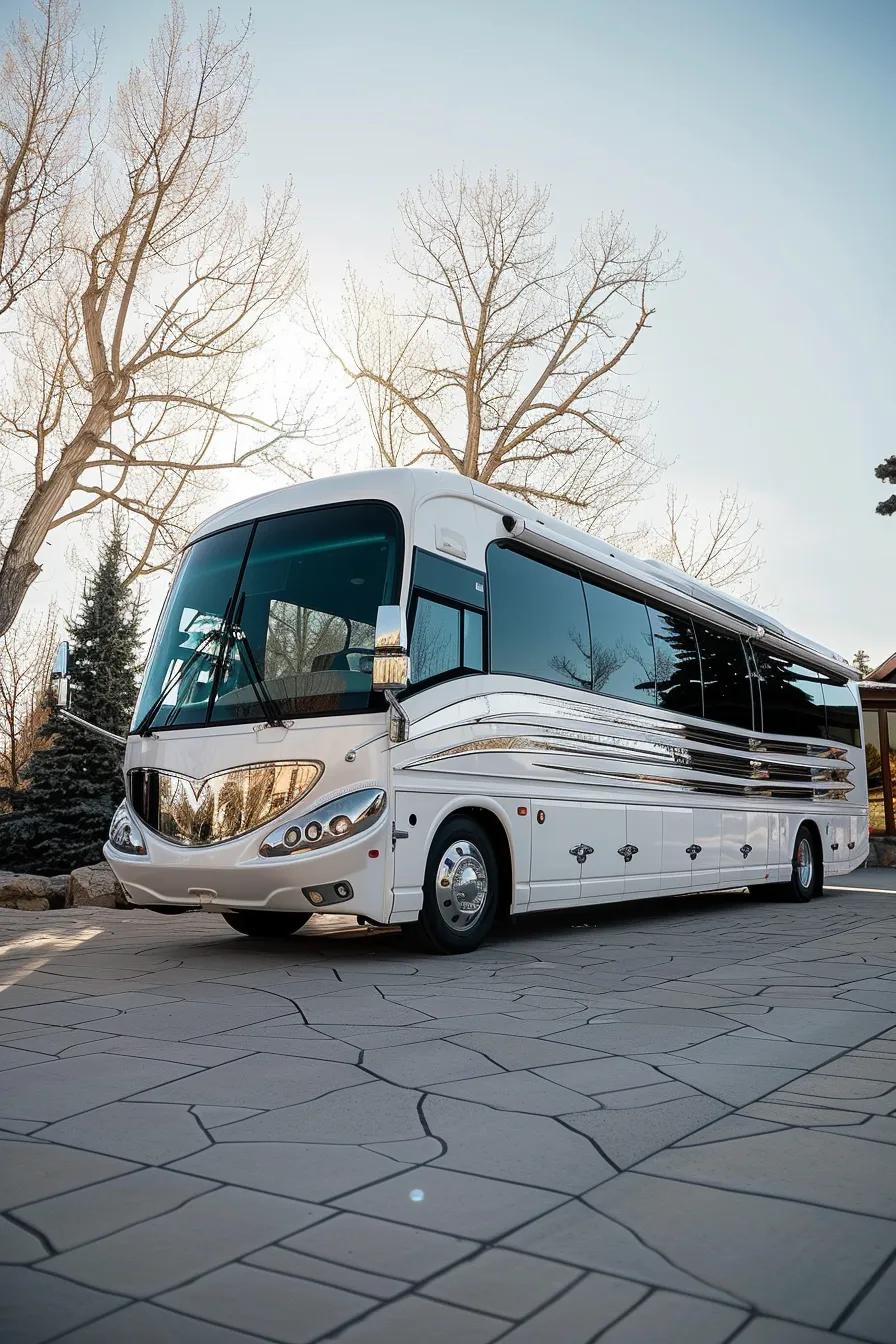 An elegant luxury bus at a wedding event, emphasizing meticulous transportation planning