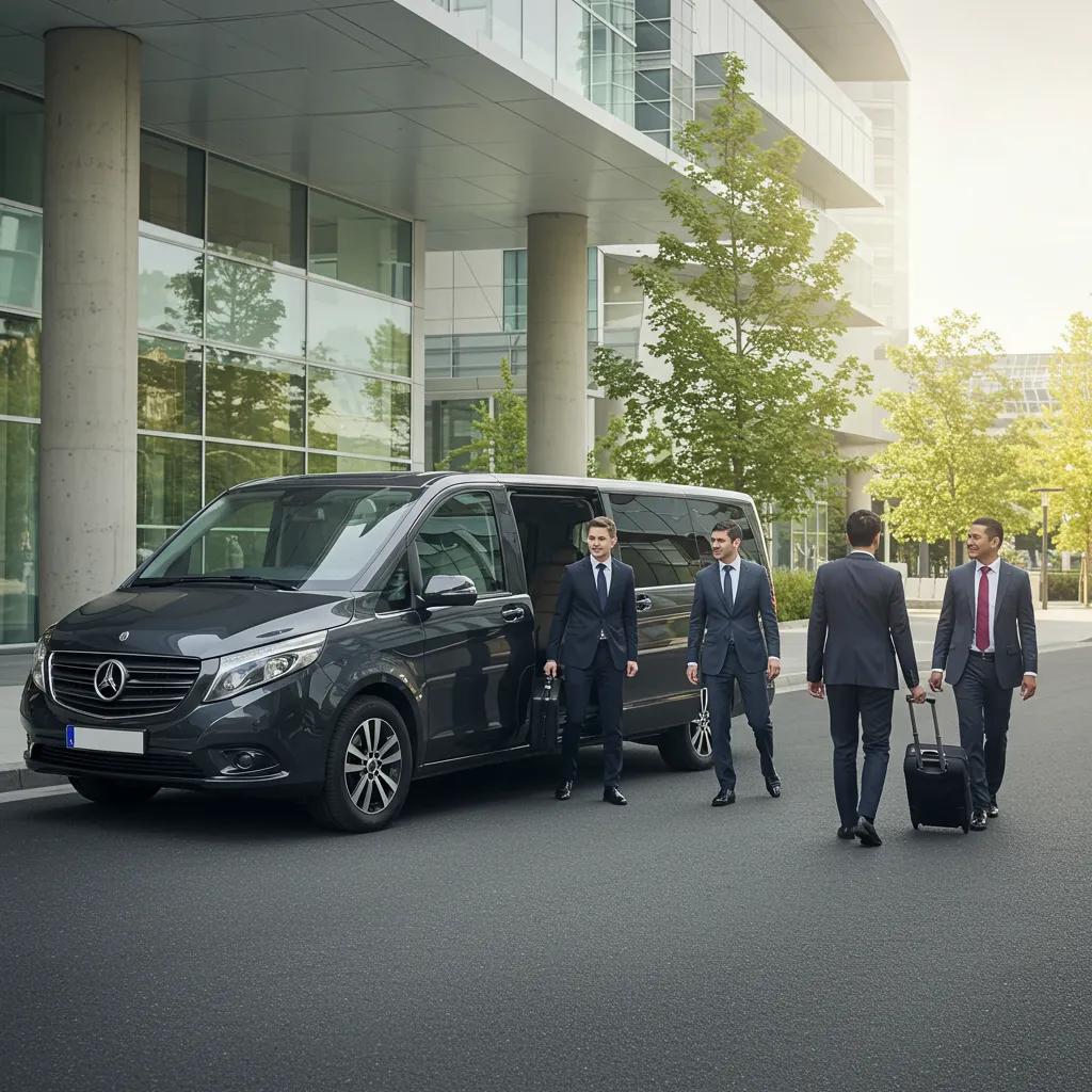 Business professionals arriving at a corporate event in a luxury van, showcasing economical transportation solutions