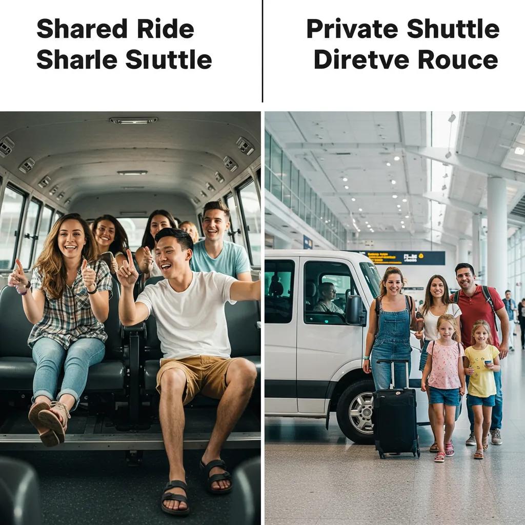 A visual comparison showing a shared ride shuttle with several passengers and a private shuttle with a family, illustrating different transport choices