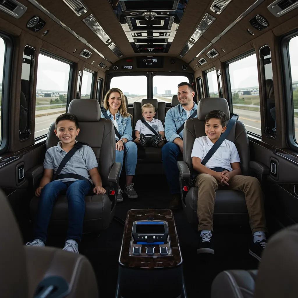 Family enjoying a comfortable ride in a plush airport shuttle, highlighting luxury and satisfaction in travel