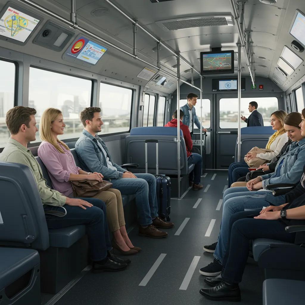 Interior view of an airport shuttle highlighting seating, luggage space, and passenger interaction