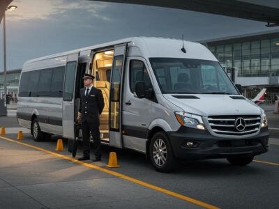 A luxurious private shuttle vehicle awaits at an airport, highlighting comfort and exclusive service