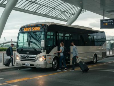 Luxury shuttle bus at airport terminal with passengers boarding, symbolizing reliable transportation services