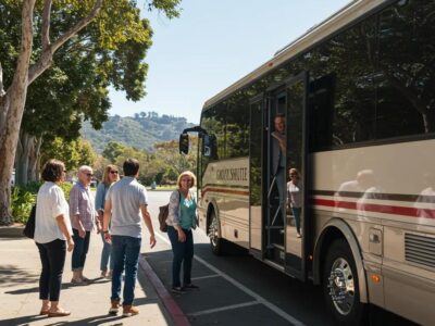 Luxury shuttle bus in California with happy passengers boarding, representing affordable group bus rentals