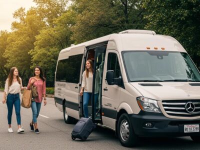 Luxury shuttle van with happy passengers boarding, representing affordable group transportation