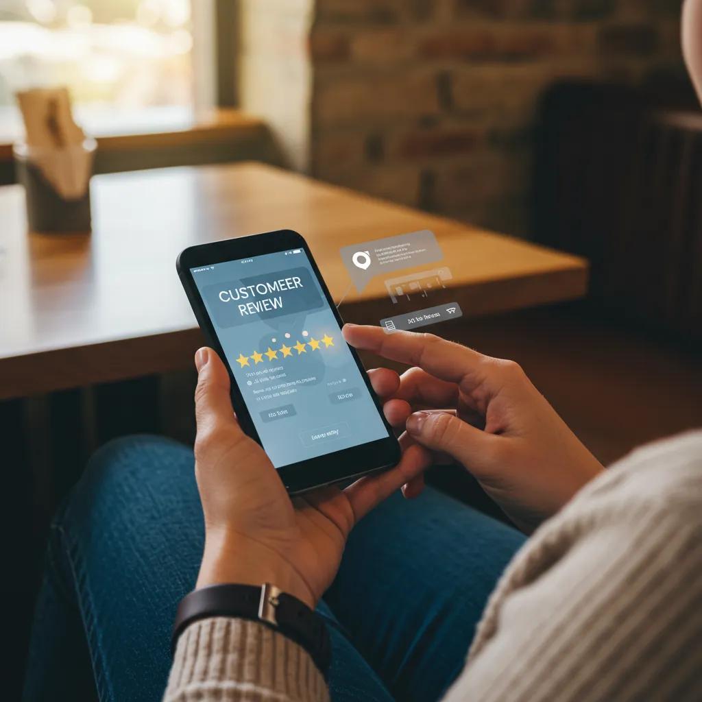 Person reading customer reviews on smartphone in café, highlighting trust in service