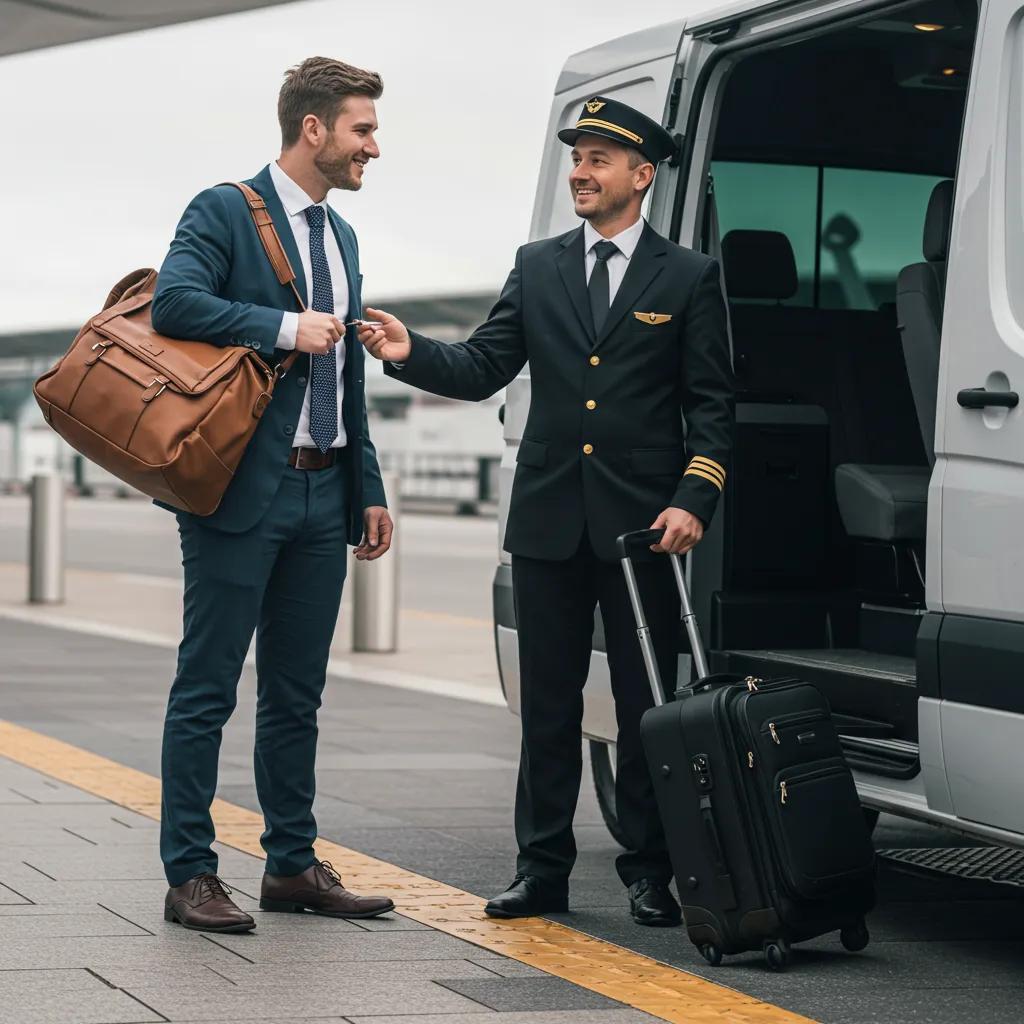 Professional chauffeur assisting traveler with luggage outside an airport shuttle, showcasing excellent service
