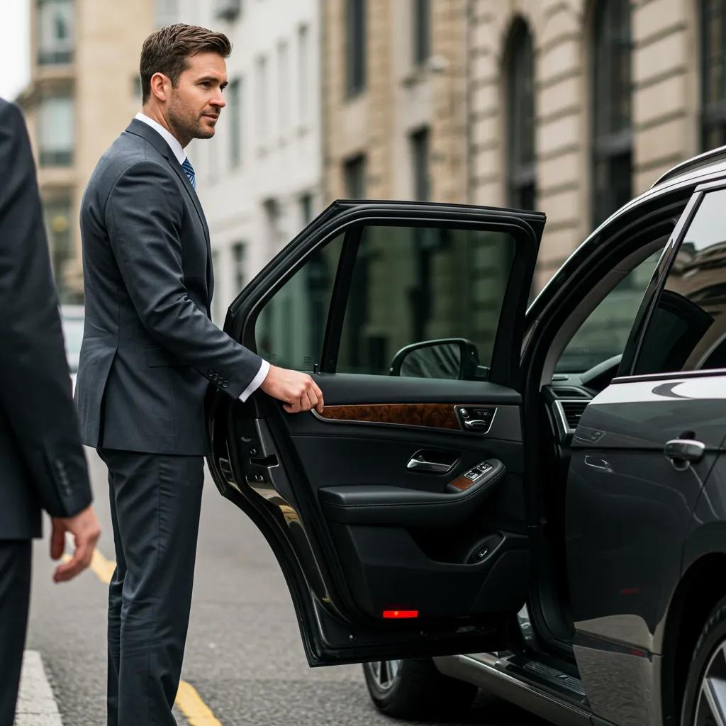 Professional chauffeur opening a luxury car door for a passenger, demonstrating exceptional service and attention to detail