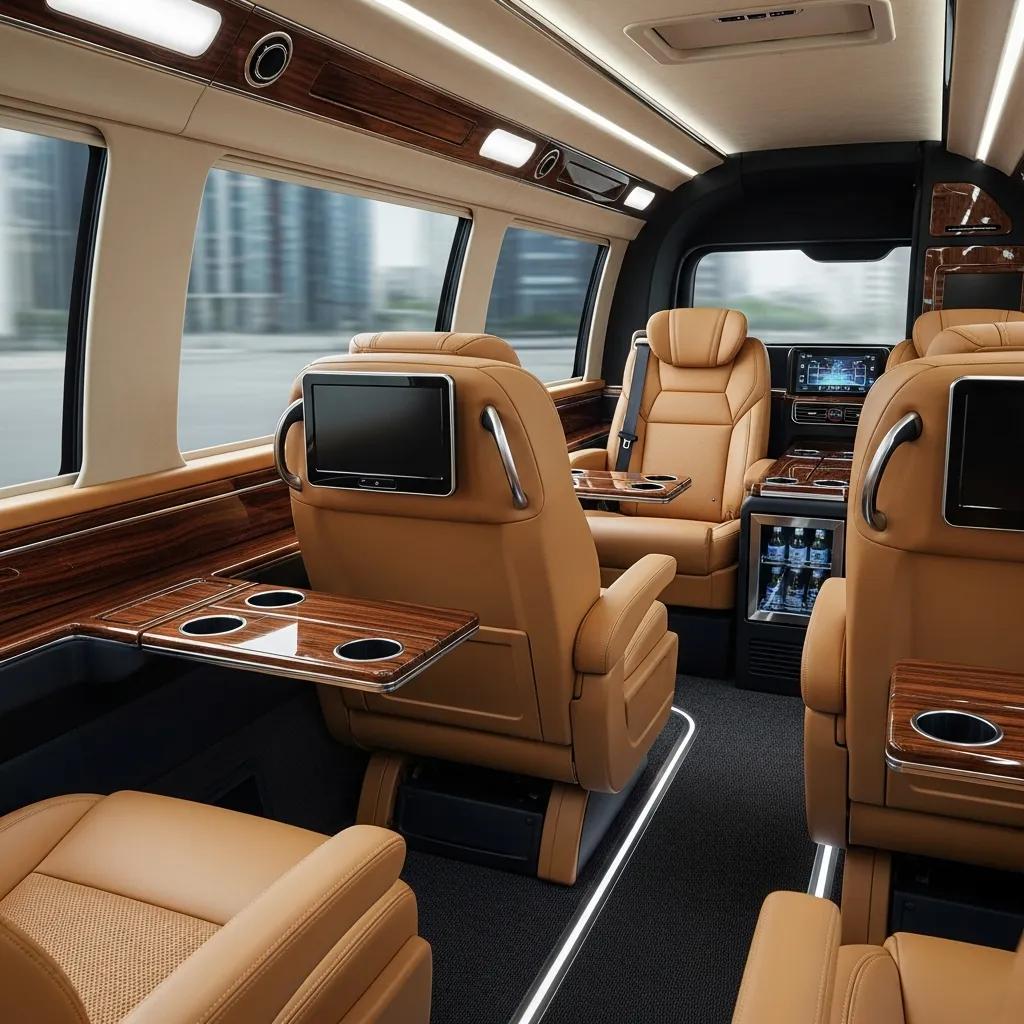 Interior view of a luxury shuttle showing premium seating and amenities for comfortable travel