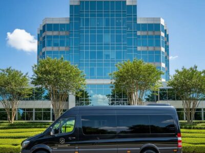 Luxury corporate shuttle vehicle in front of an office building, symbolizing reliable business travel