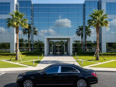 Luxury corporate vehicle in front of a modern office building, representing dedicated corporate transportation services
