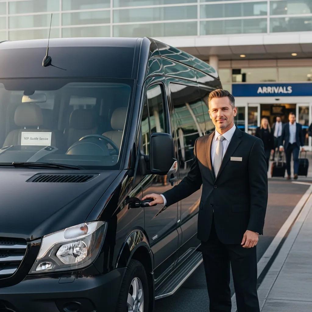 Uniformed chauffeur standing beside a luxury shuttle, ready to provide professional service