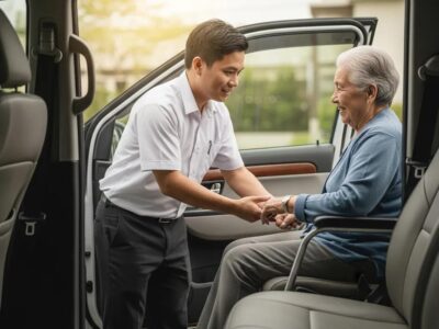 Chauffeur assisting an older passenger into a comfortable vehicle — dignified, respectful transportation