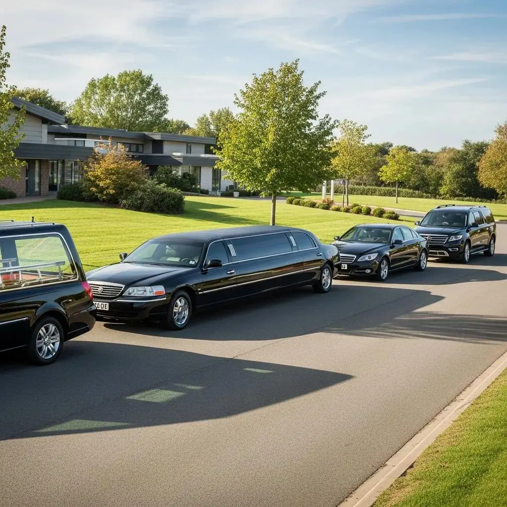 Range of funeral vehicles including hearse, limousine, sedan, and SUV in a respectful setting