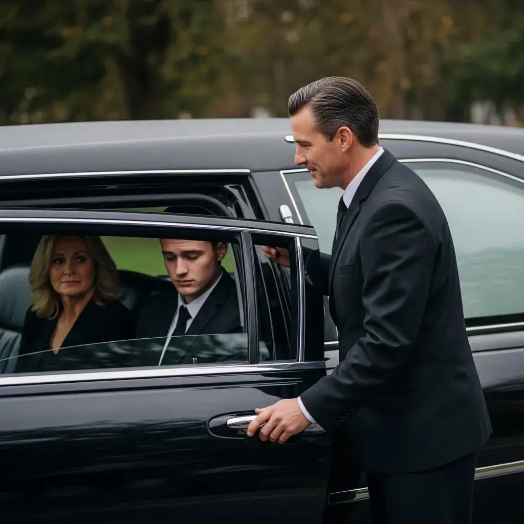 A compassionate chauffeur assisting a family, illustrating supportive and respectful funeral transportation