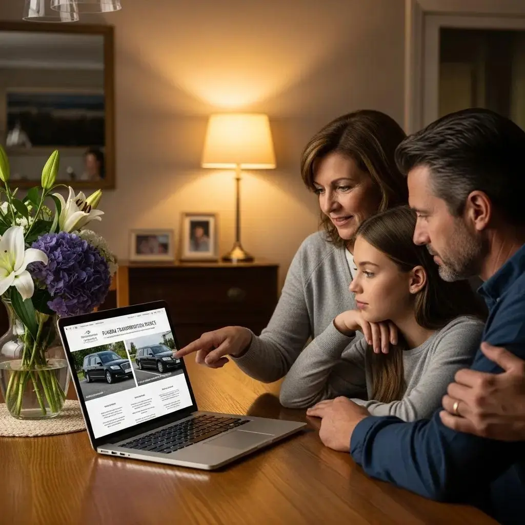 Family reviewing funeral transport plans on a laptop to coordinate logistics