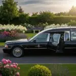 Funeral car service with a hearse in a peaceful garden setting, symbolizing remembrance
