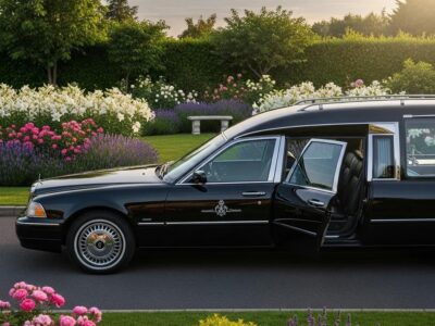 Funeral car service with a hearse in a peaceful garden setting, symbolizing remembrance