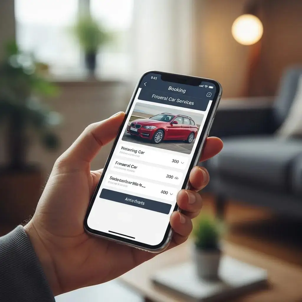 Smartphone showing a booking screen &mdash; representing the funeral car booking process