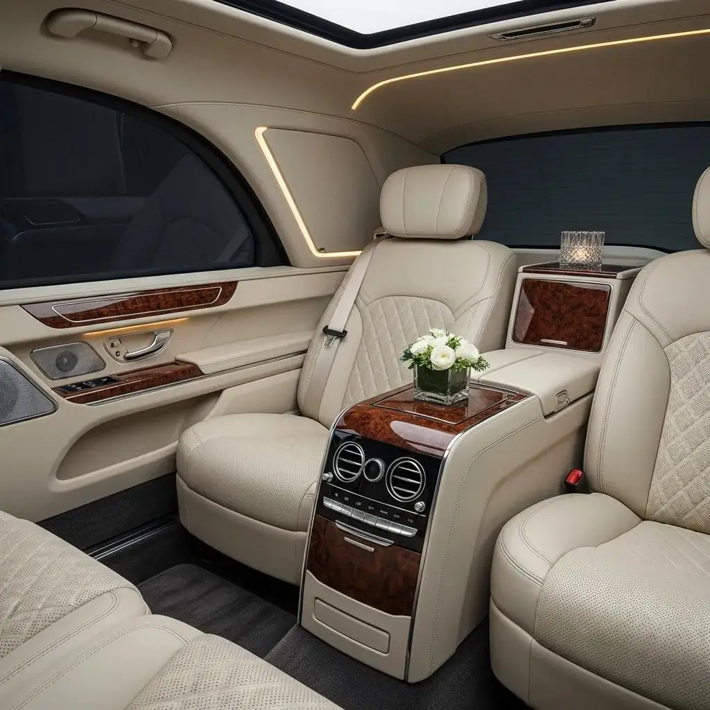 Interior of a luxury sedan for funeral transportation, showing comfort and quiet elegance