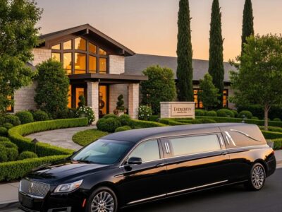 Luxurious funeral limo parked outside a tranquil funeral home, symbolizing dignity and compassionate transportation