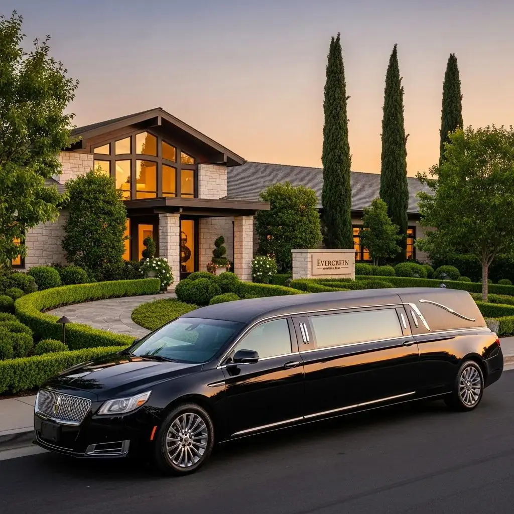 Luxurious funeral limo parked outside a tranquil funeral home, symbolizing dignity and compassionate transportation