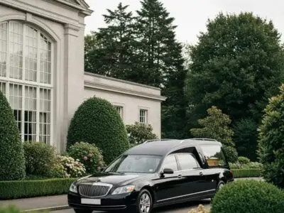 Luxury funeral car parked outside a funeral home — dignified, affordable transport