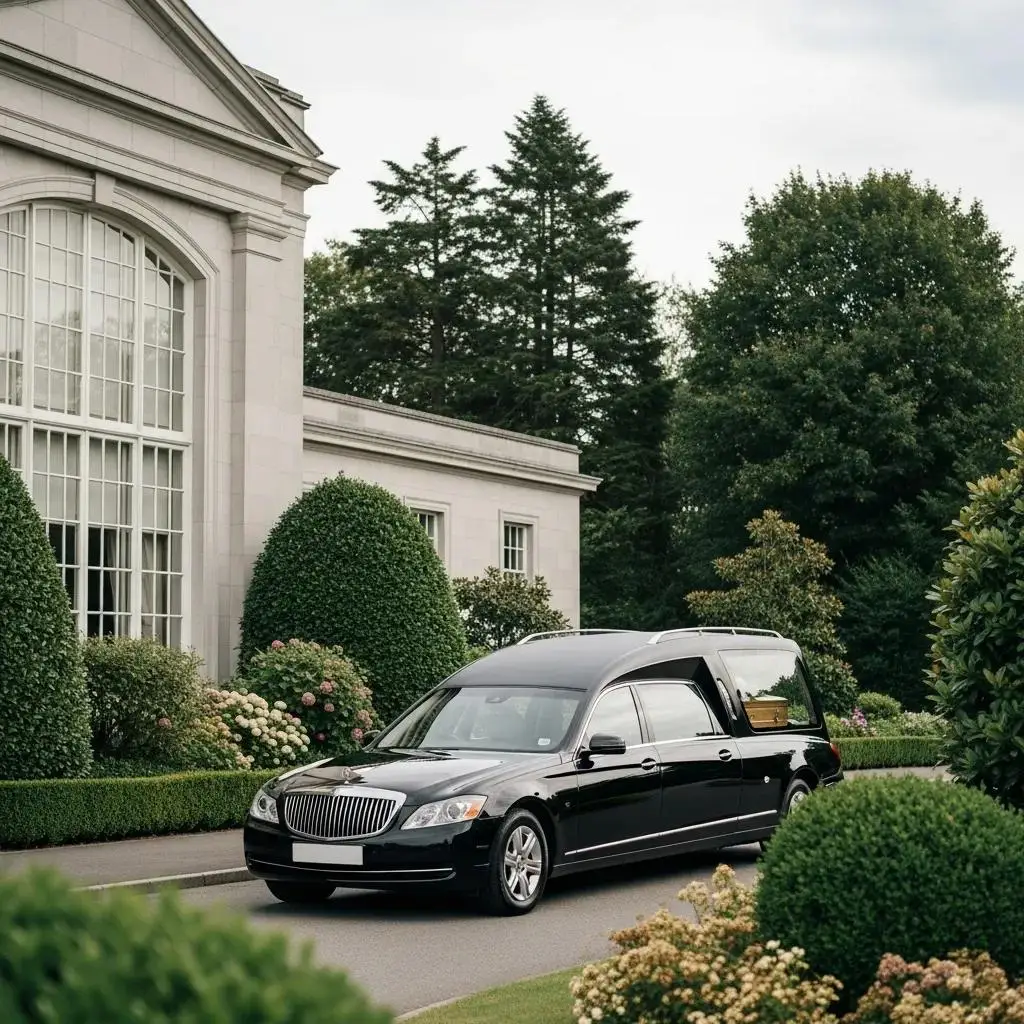 Luxury funeral car parked outside a funeral home — dignified, affordable transport