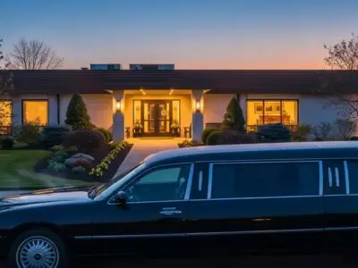 Luxury funeral limousine outside a tranquil funeral home, emphasizing comfort and dignity