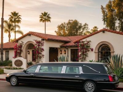 A respectful funeral limousine parked outside a service venue — discreet, professional bereavement transportation