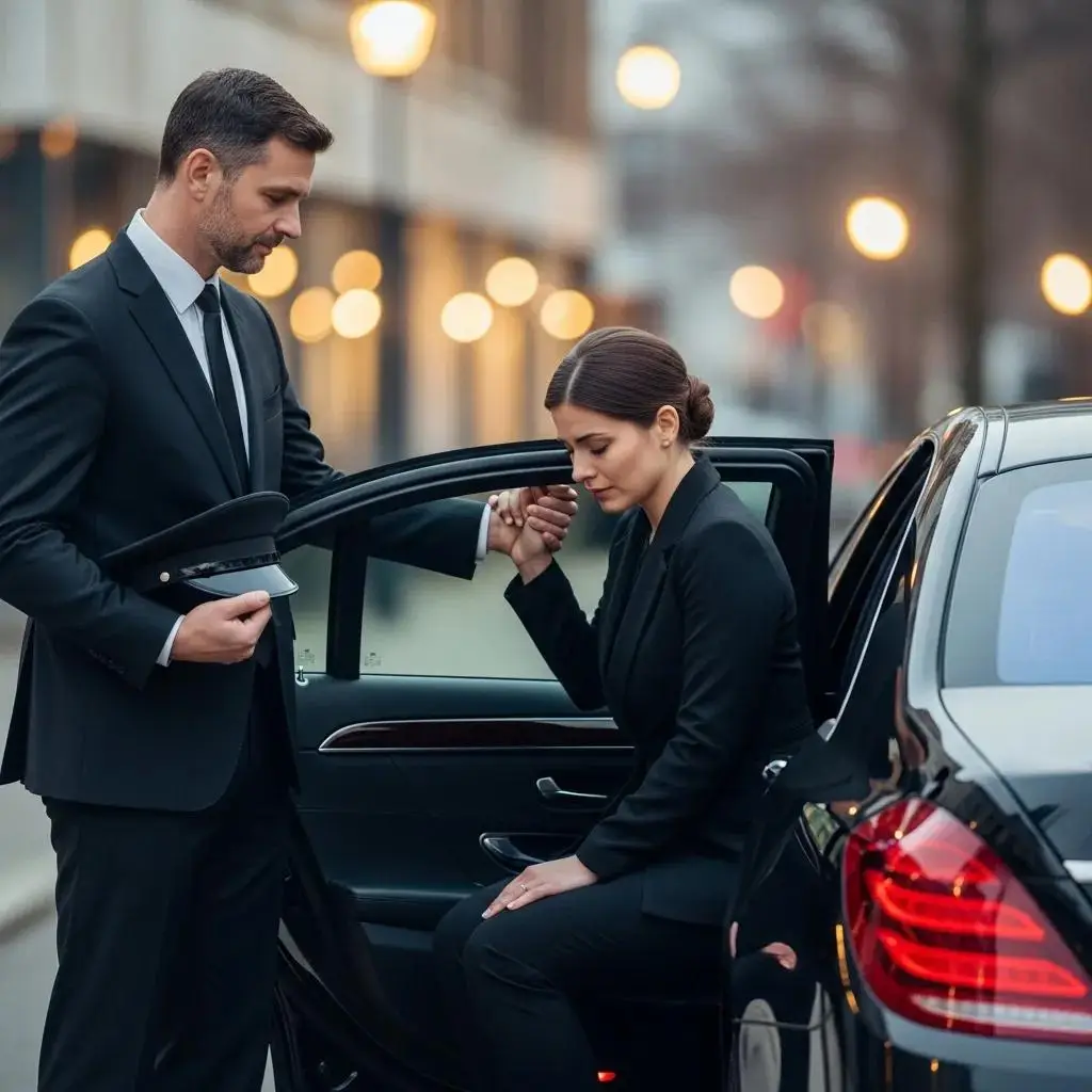 Professional chauffeur quietly assisting a family member with compassion during bereavement